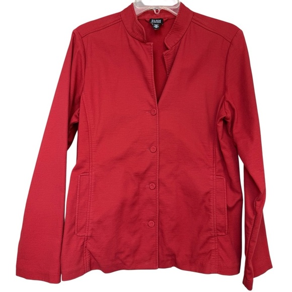 Eileen Fisher Textured Pique Cotton Jacket Sz Medium Red Orange Lightweight - Picture 1 of 7